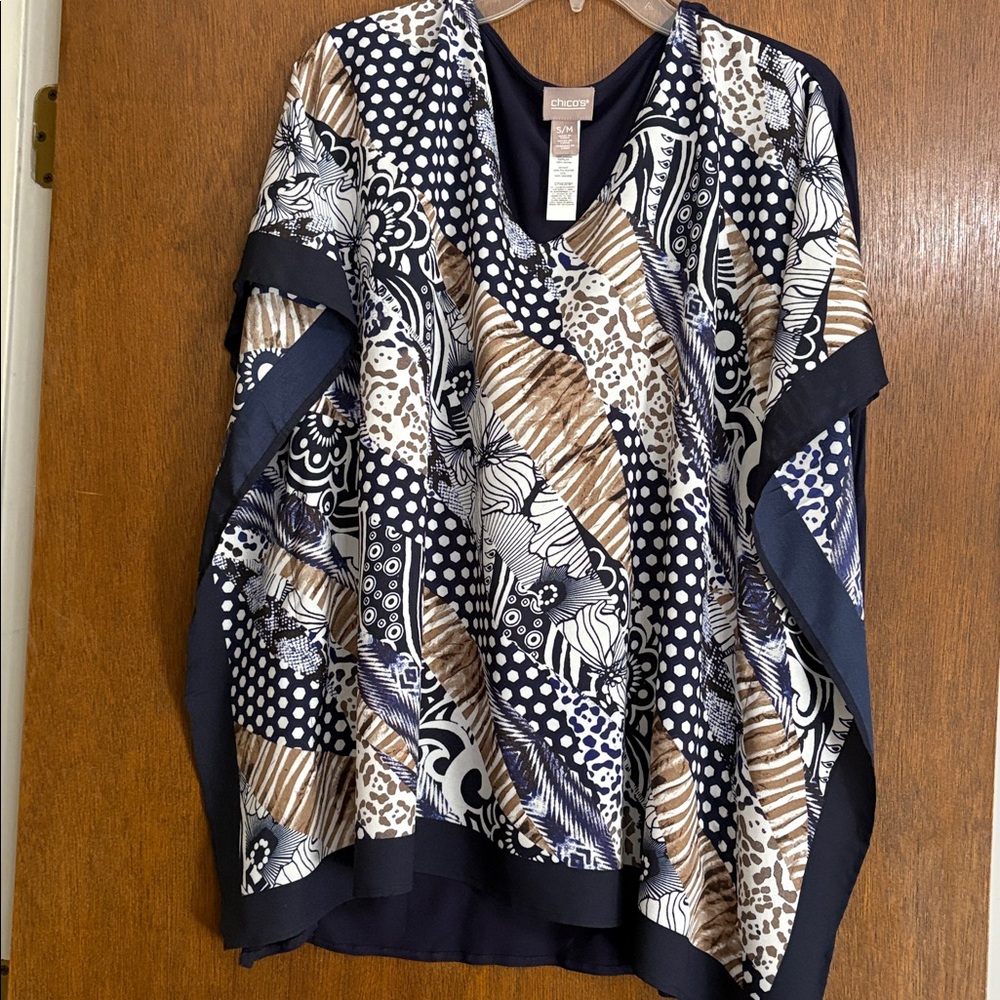 Chico's Navy and Tan Patterned Poncho